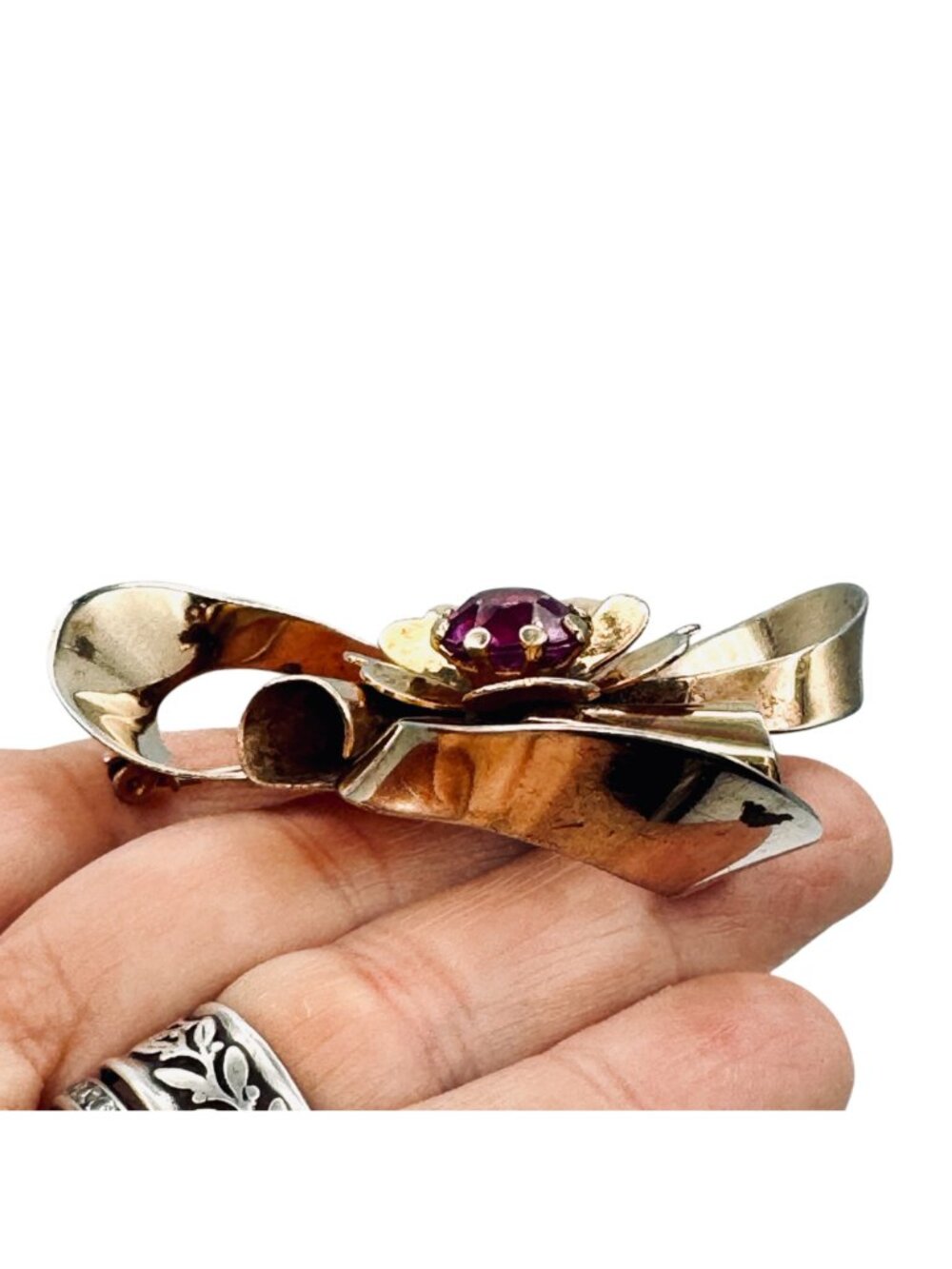 Vintage 1940s Ribbon Brooch Gold Tone Bow Pink Stone 2.5" - Picture 4 of 8